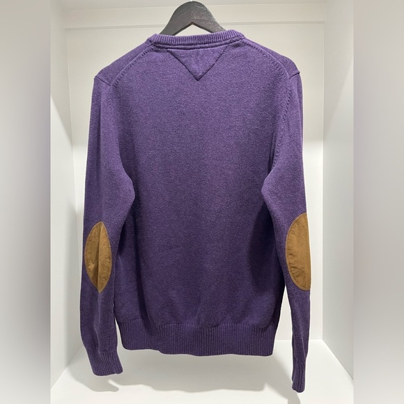 TOMMY HILFIGER Intarsia Bulldog Sweater Purple M Vintage cotton elbow patches - Picture 7 of 11
